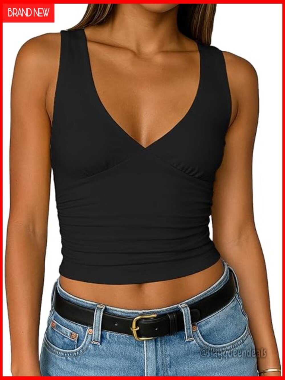 Double Lined Slim Fit Crop Tank Top Y2K Deep V Neck Sleeveless